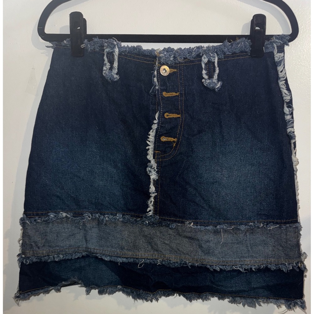 Vtg Y2K Denim Mini Skirt Frayed Raw Hem Patchwork Womens M